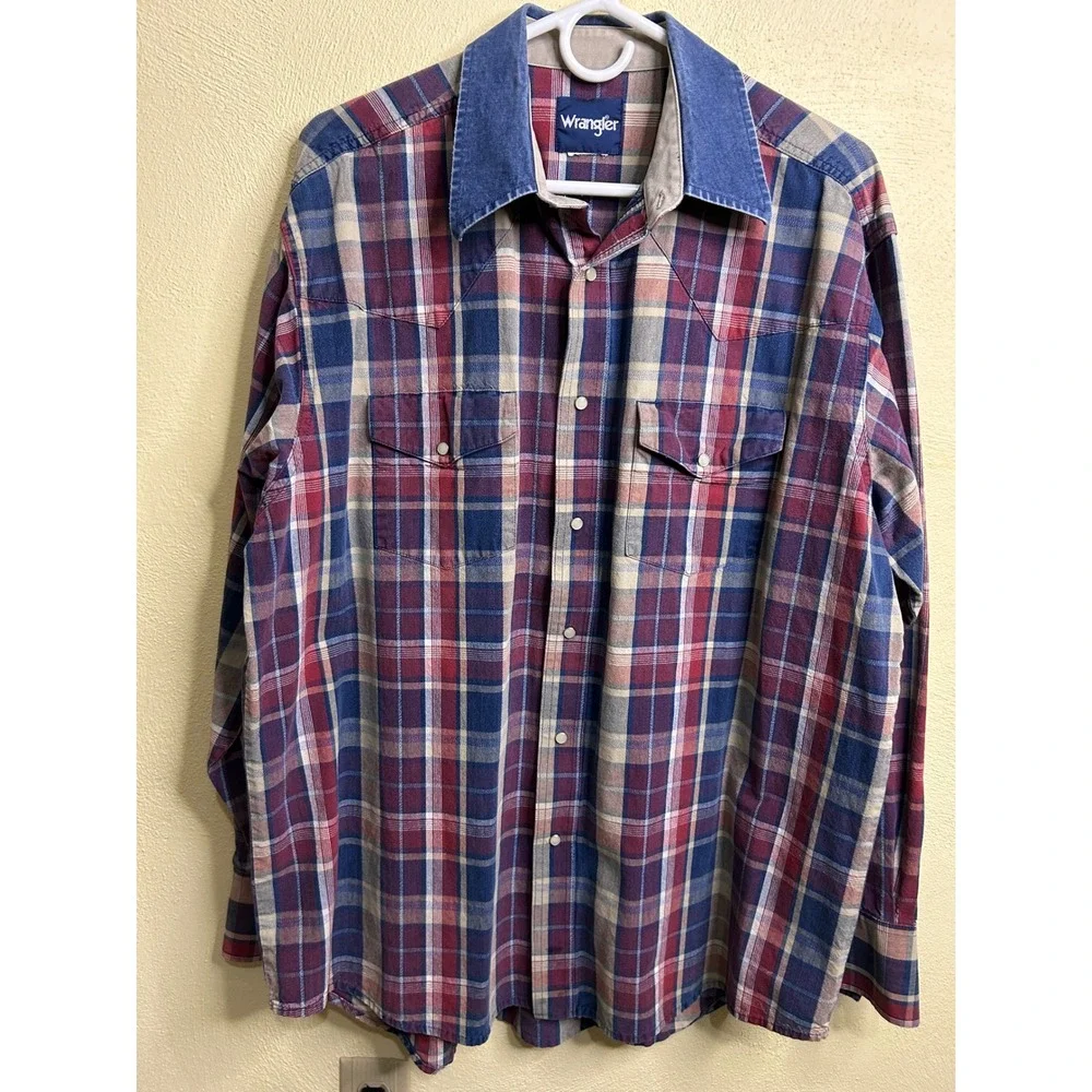 Wrangler Mens‎ Western Snap Shirt Plaid Long Sleeve Denim Collar Blue Red XXL